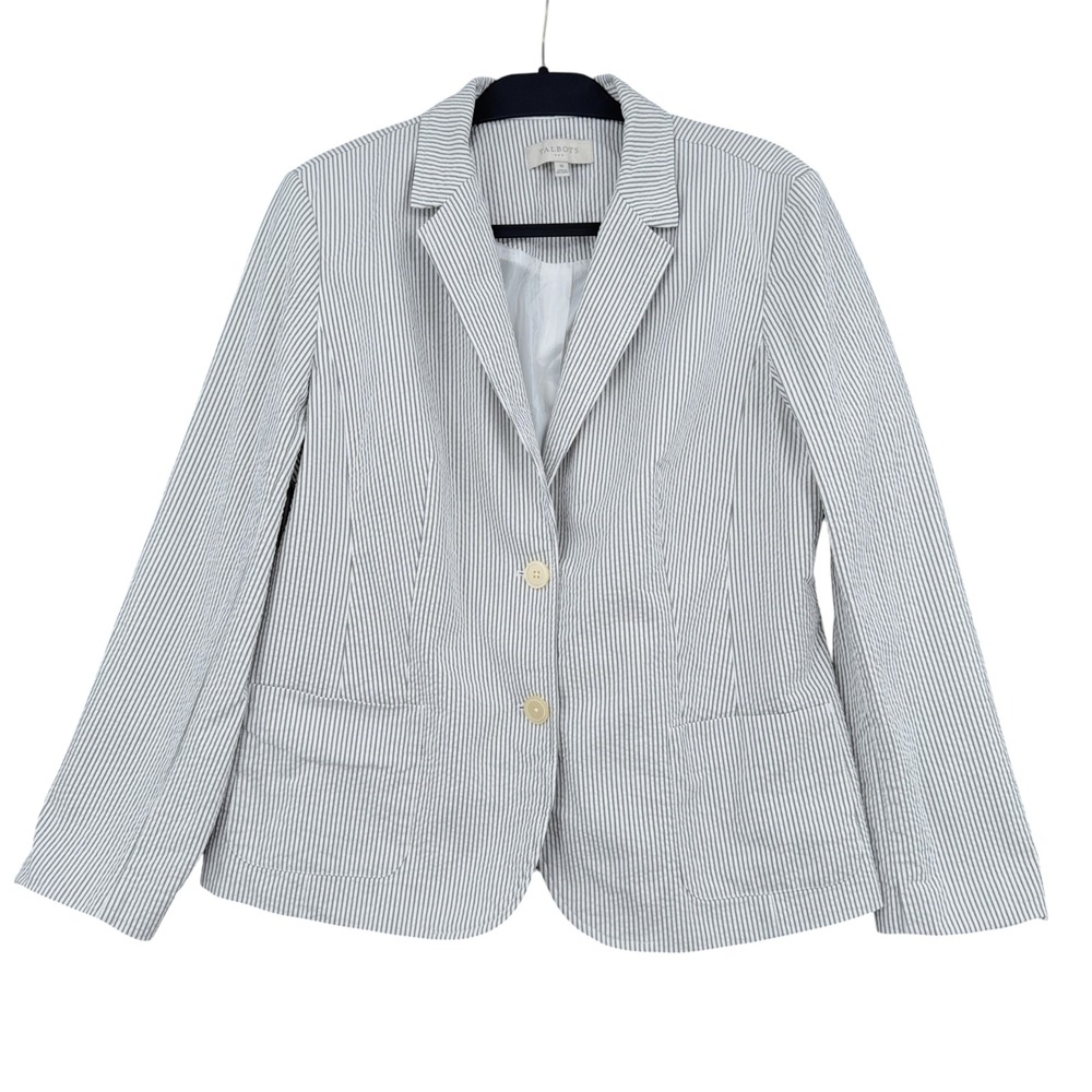 Talbots Striped Blazer Women 16 Spandex Grey White